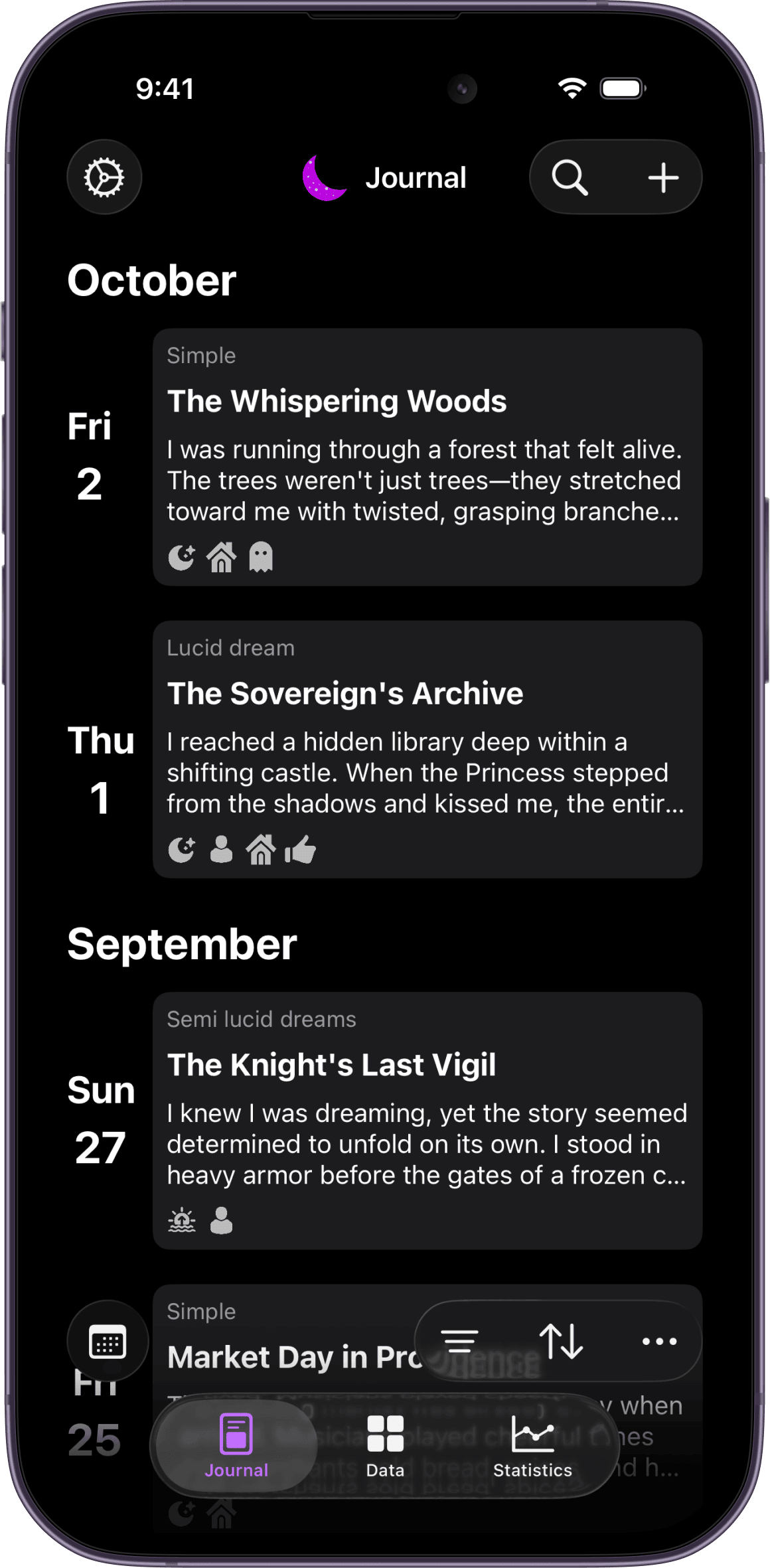 Alisie dream journal — list of recorded dreams on iPhone
